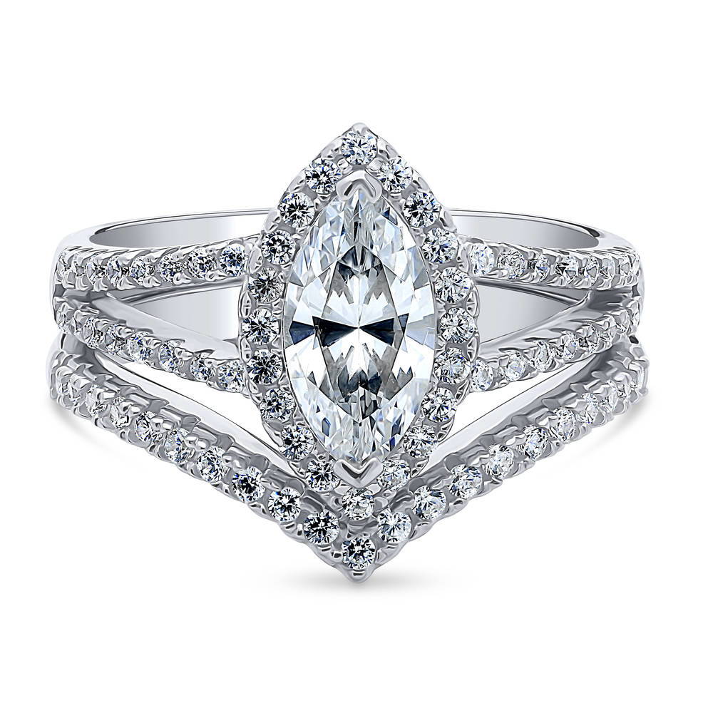 Halo Wishbone Marquise CZ Split Shank Ring Set in Sterling Silver, 1 of 11