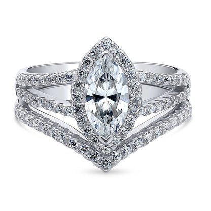 Halo Wishbone Marquise CZ Split Shank Ring Set in Sterling Silver