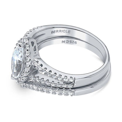 Halo Wishbone Marquise CZ Split Shank Ring Set in Sterling Silver