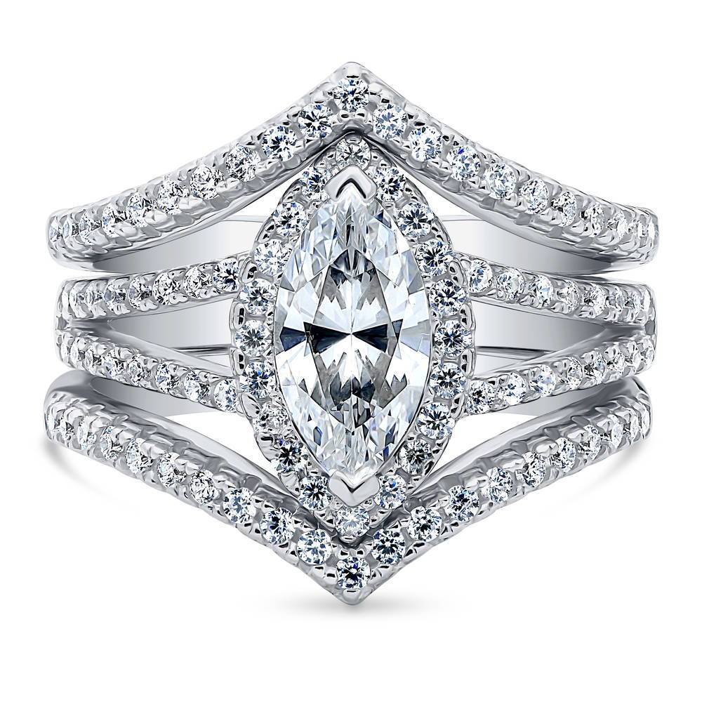 Halo Wishbone Marquise CZ Split Shank Ring Set in Sterling Silver, 1 of 11