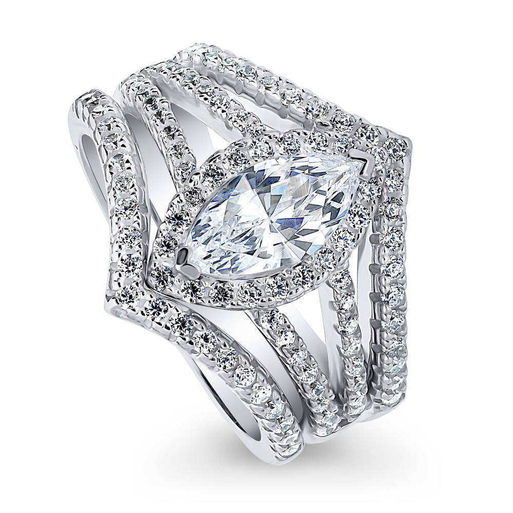 Front view of Halo Wishbone Marquise CZ Split Shank Ring Set in Sterling Silver, 3 of 11