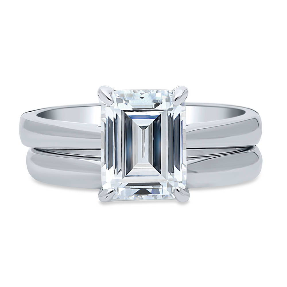 Solitaire 2.6ct Emerald Cut CZ Ring Set in Sterling Silver