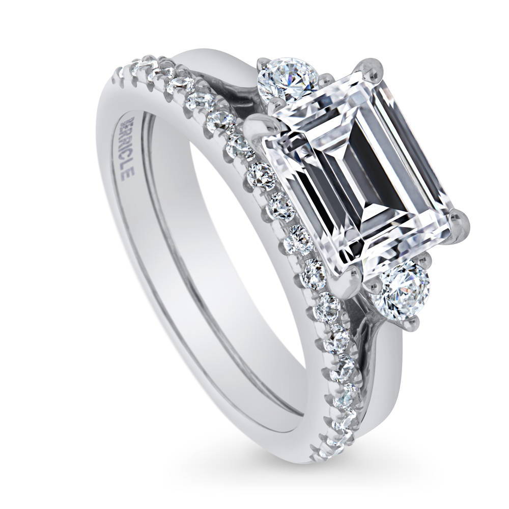3-Stone East-West Emerald Cut CZ Ring Set in Sterling Silver