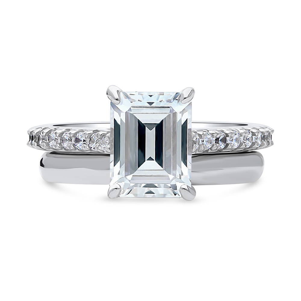 Solitaire 2.6ct Emerald Cut CZ Ring Set in Sterling Silver, 1 of 12