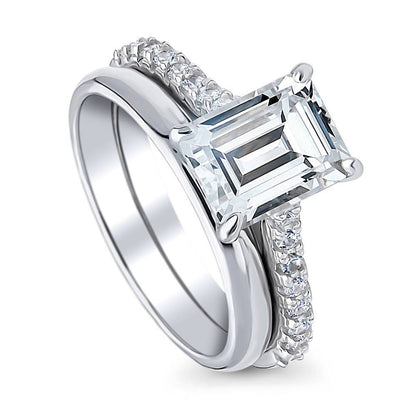 Solitaire 2.6ct Emerald Cut CZ Ring Set in Sterling Silver