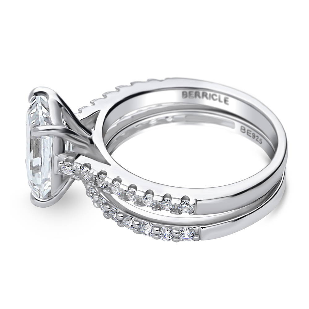 Angle view of Solitaire 2.6ct Emerald Cut CZ Ring Set in Sterling Silver, 4 of 12