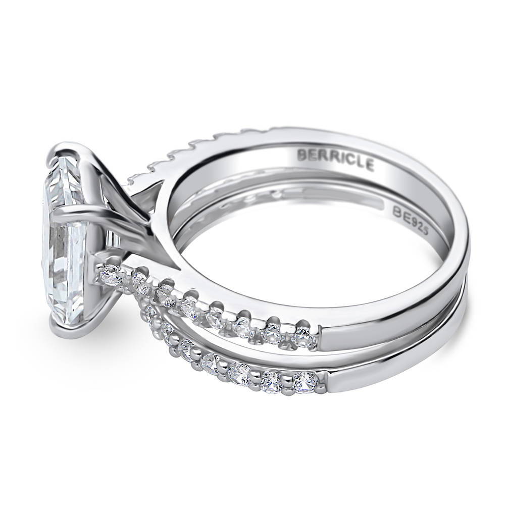 Angle view of Solitaire 2.6ct Emerald Cut CZ Ring Set in Sterling Silver, 5 of 13