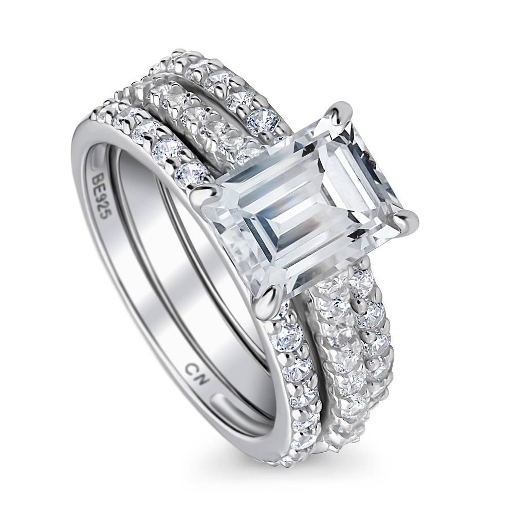 Front view of Solitaire 2.6ct Emerald Cut CZ Ring Set in Sterling Silver, 4 of 12