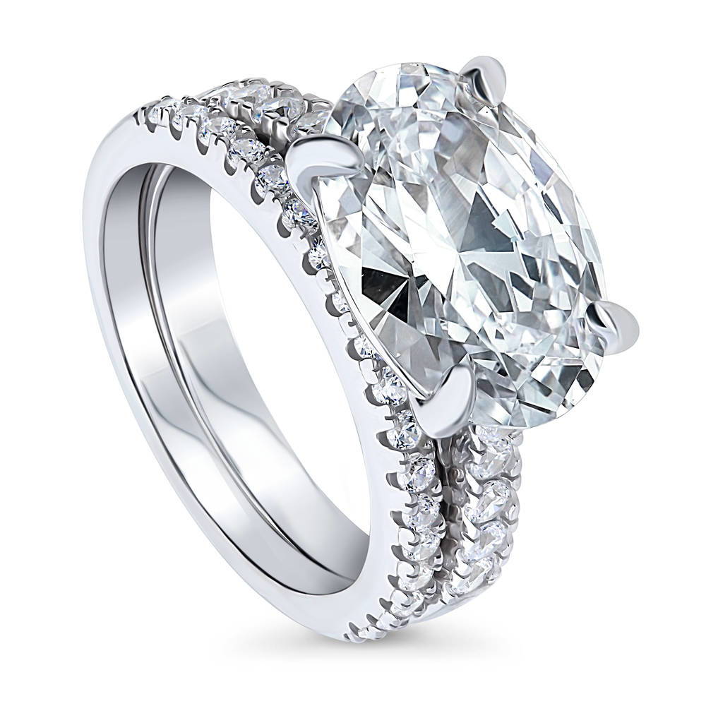 Front view of East-West Solitaire CZ Ring Set in Sterling Silver, 4 of 13