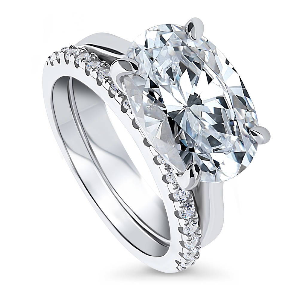Front view of Solitaire East-West 5.5ct Oval CZ Ring Set in Sterling Silver, 2 of 14