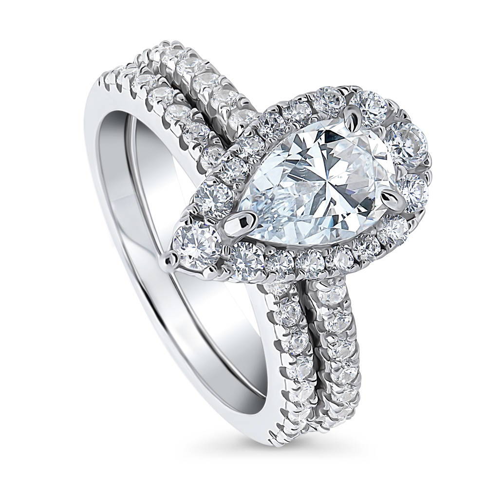 Front view of Halo Pear CZ Ring Set in Sterling Silver, 4 of 14