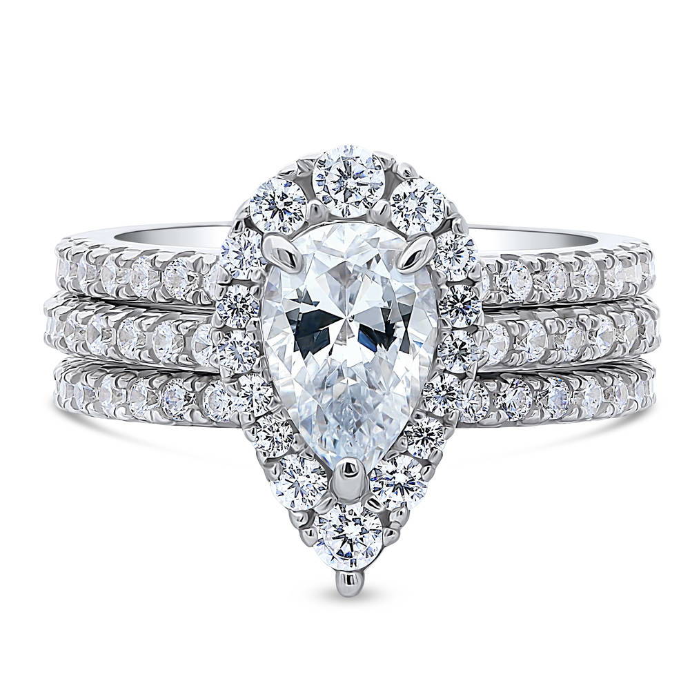 Halo Pear CZ Ring Set in Sterling Silver