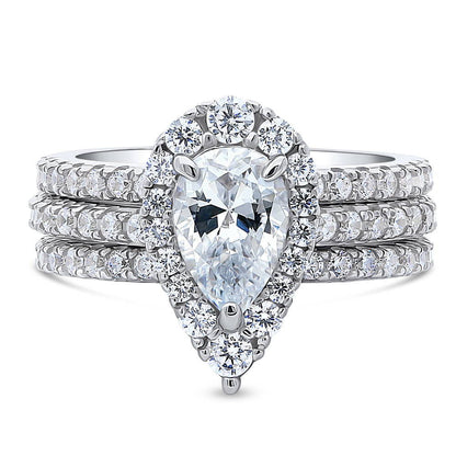 Halo Pear CZ Ring Set in Sterling Silver