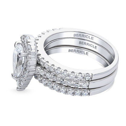 Halo Pear CZ Ring Set in Sterling Silver