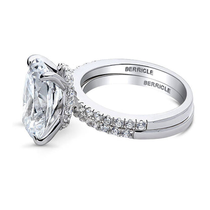 Solitaire Hidden Halo 5.5ct Oval CZ Ring Set in Sterling Silver