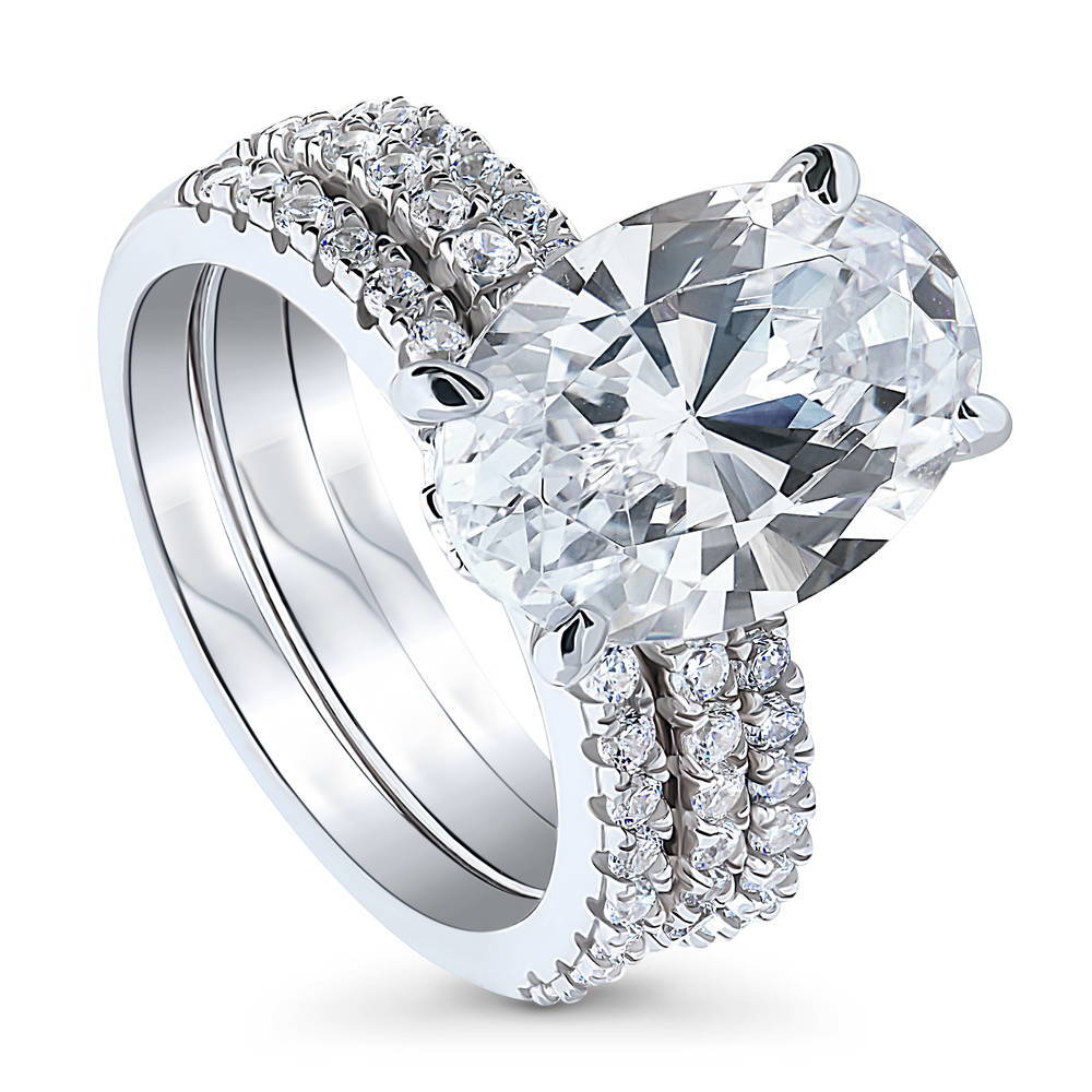 Front view of Solitaire Hidden Halo 5.5ct Oval CZ Ring Set in Sterling Silver, 4 of 12