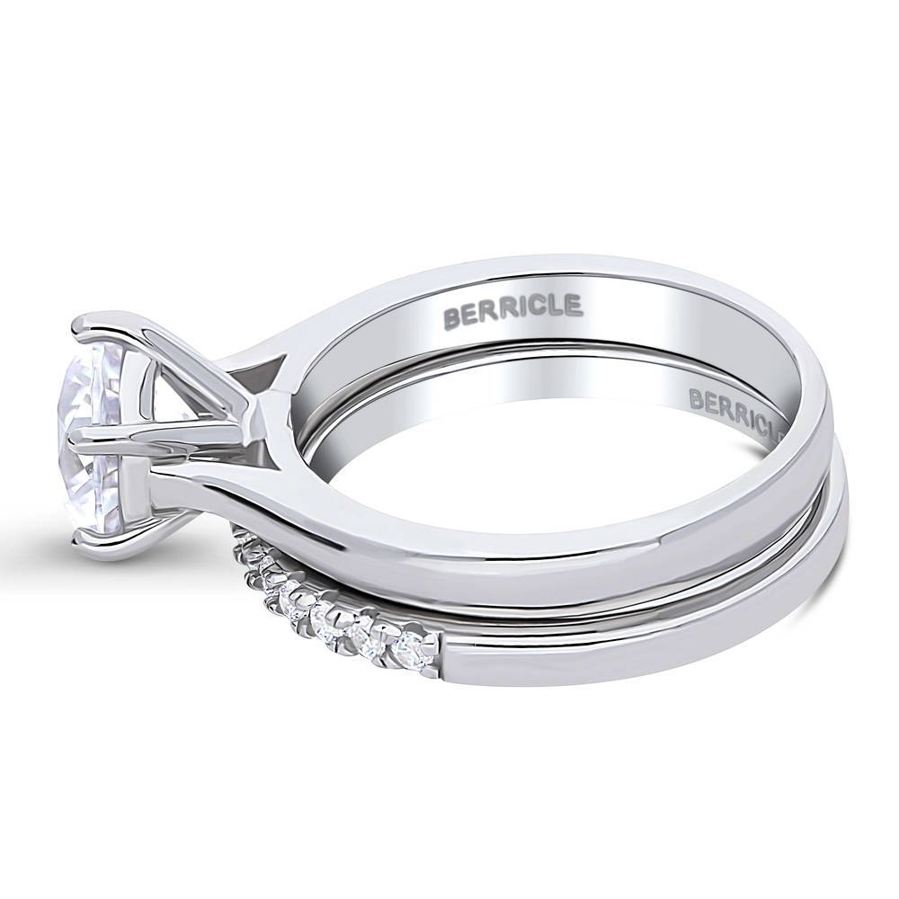 Angle view of Solitaire 2ct Round CZ Ring Set in Sterling Silver, 4 of 18