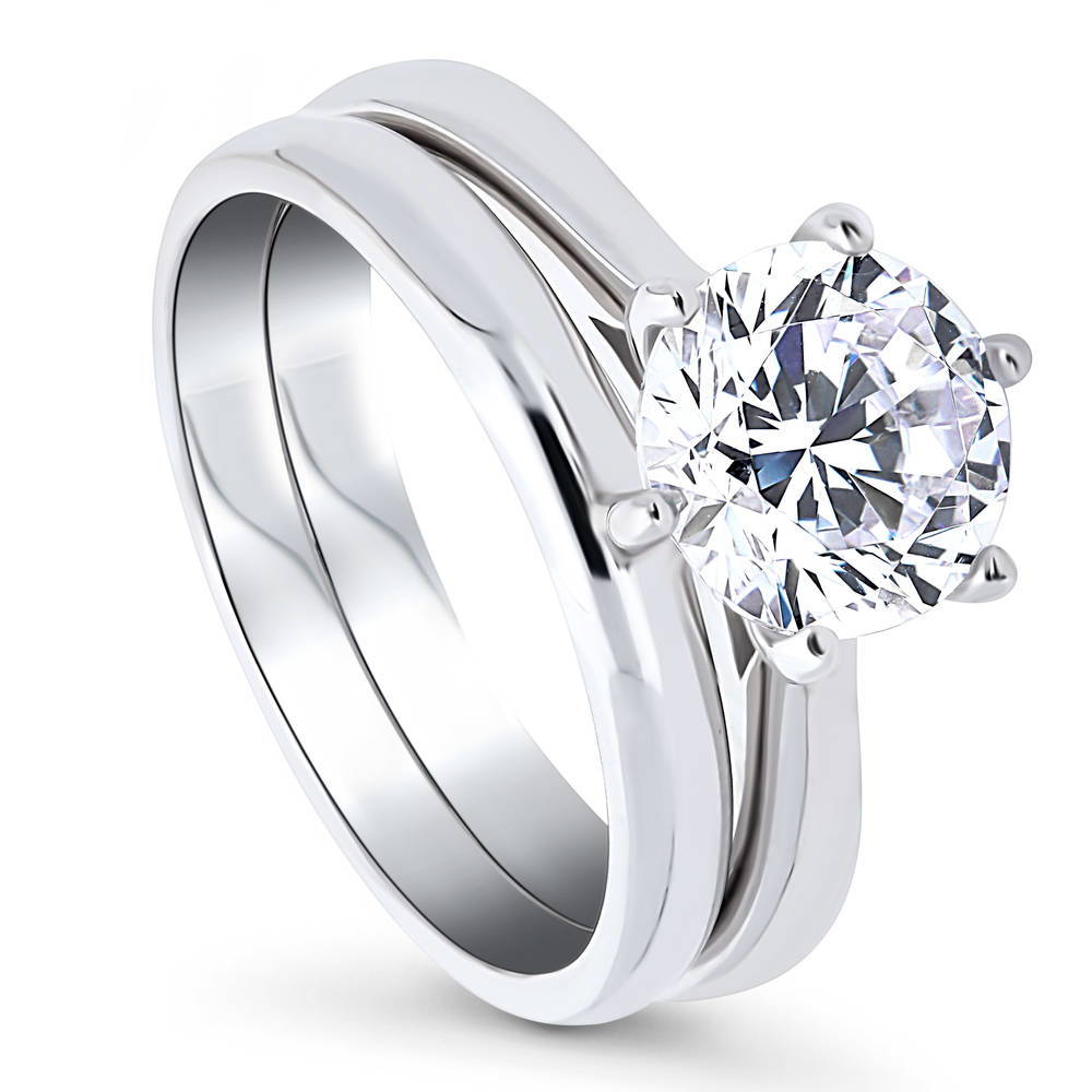 Front view of Solitaire 2ct Round CZ Ring Set in Sterling Silver, 3 of 18