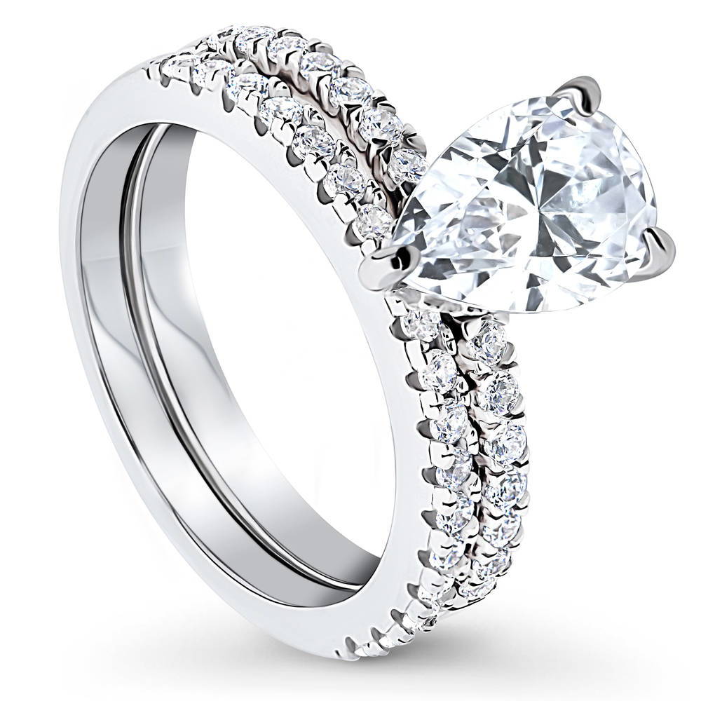 Front view of Solitaire Hidden Halo 1.8ct Pear CZ Ring Set in Sterling Silver, 4 of 13