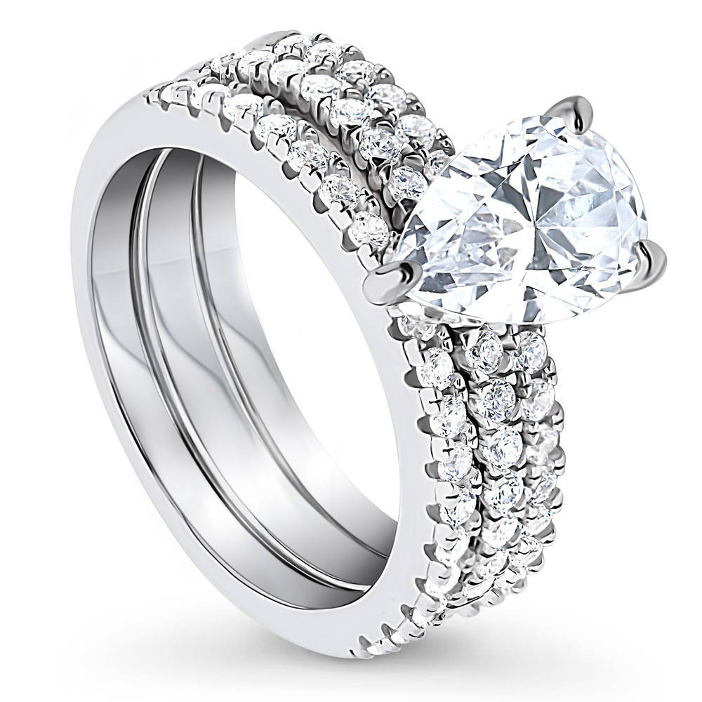 Front view of Solitaire Hidden Halo 1.8ct Pear CZ Ring Set in Sterling Silver, 4 of 13