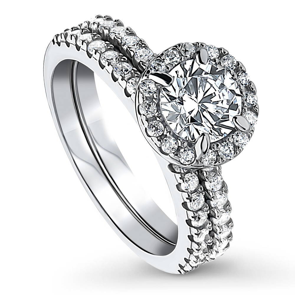 Front view of Halo CZ Ring Set in Sterling Silver, 3 of 12