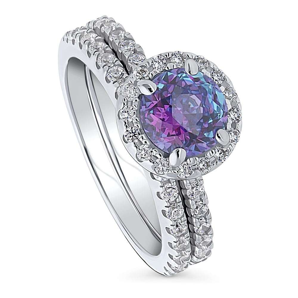 Front view of Halo Kaleidoscope Purple Aqua Round CZ Ring Set in Sterling Silver, 3 of 10