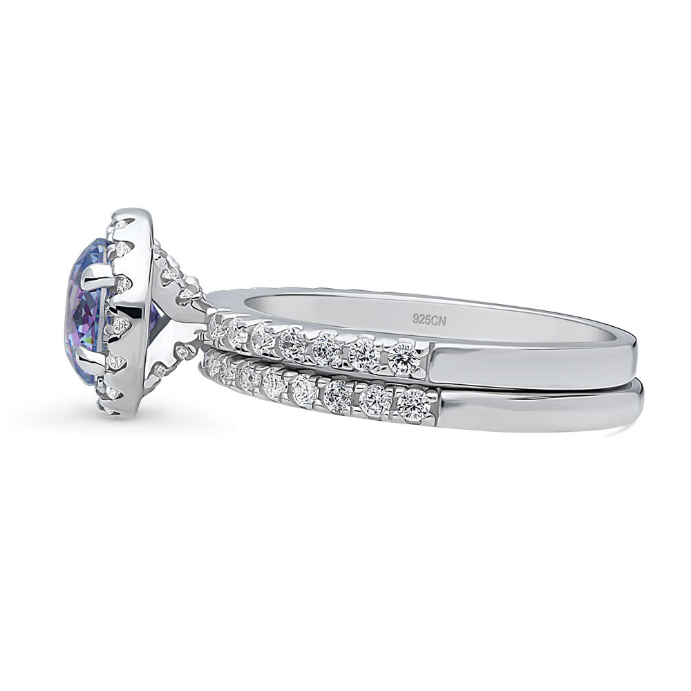 Angle view of Halo Kaleidoscope Purple Aqua CZ Ring Set in Sterling Silver, 5 of 11