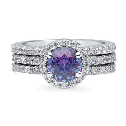 Halo Kaleidoscope Purple Aqua CZ Ring Set in Sterling Silver
