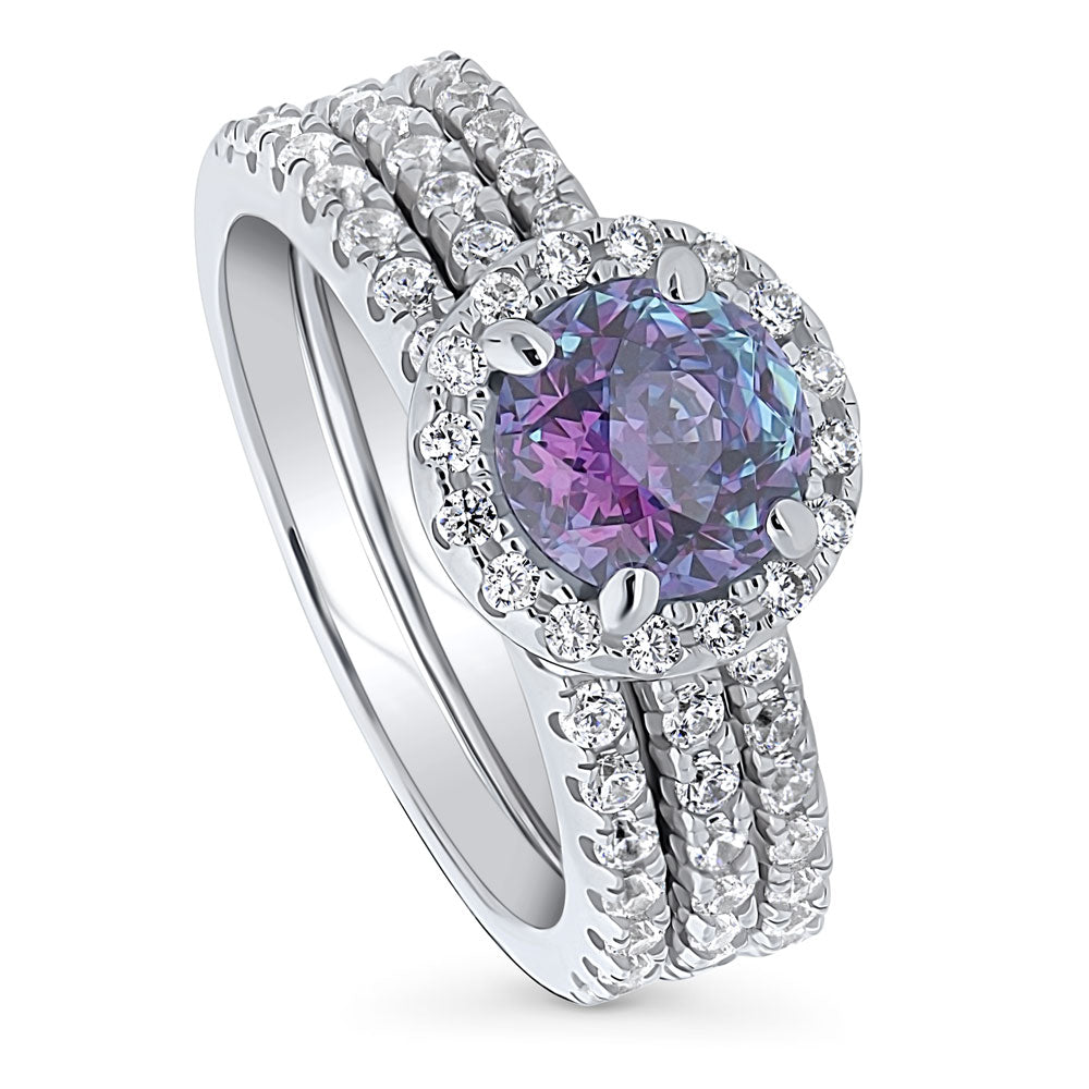 Halo Kaleidoscope Purple Aqua CZ Ring Set in Sterling Silver