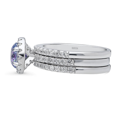 Halo Kaleidoscope Purple Aqua CZ Ring Set in Sterling Silver