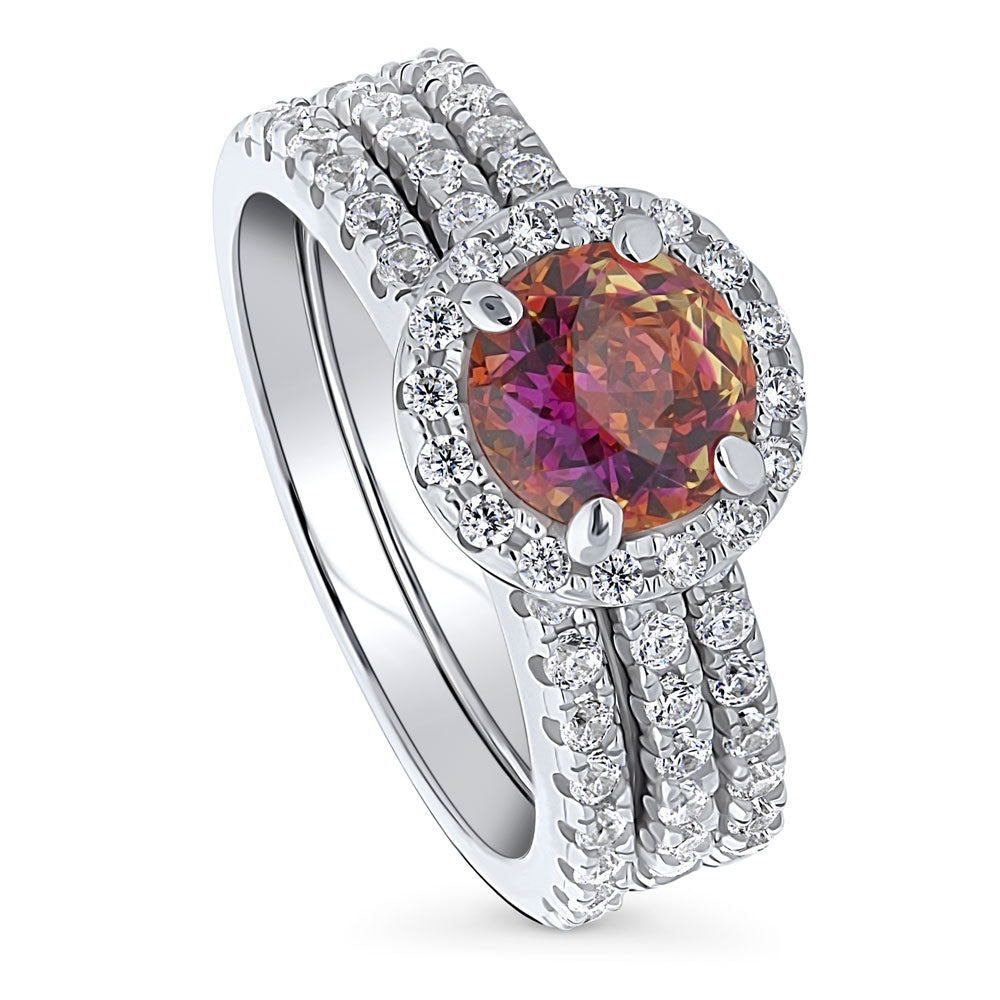 Halo Kaleidoscope Red Orange Round CZ Ring Set in Sterling Silver, 3 of 10