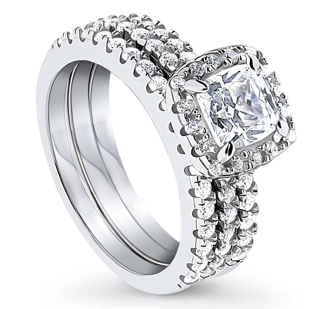 Front view of Halo Cushion CZ Ring Set in Sterling Silver, 4 of 14