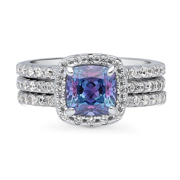 Halo Kaleidoscope Purple Aqua Cushion CZ Ring Set in Sterling Silver