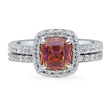 Halo Kaleidoscope Red Orange Cushion CZ Ring Set in Sterling Silver