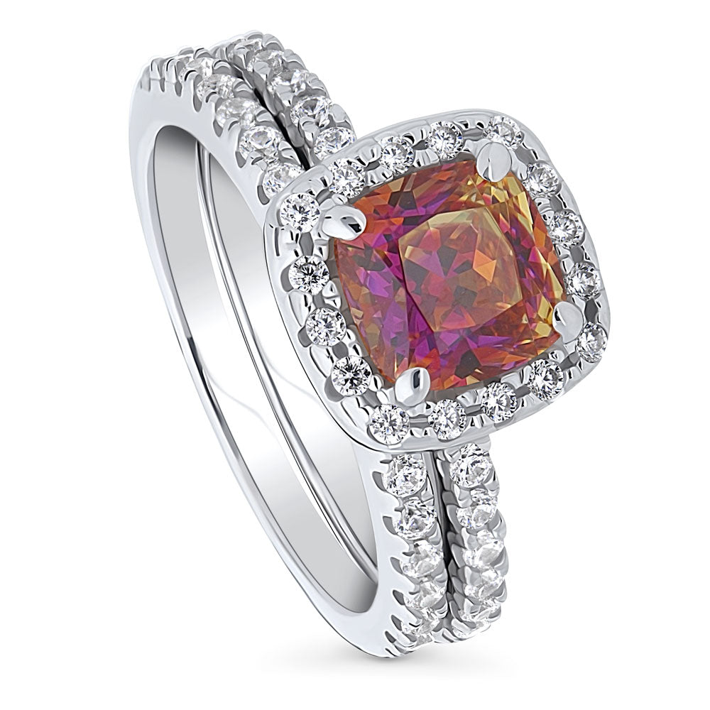 Front view of Halo Kaleidoscope Red Orange Cushion CZ Ring Set in Sterling Silver, 3 of 10