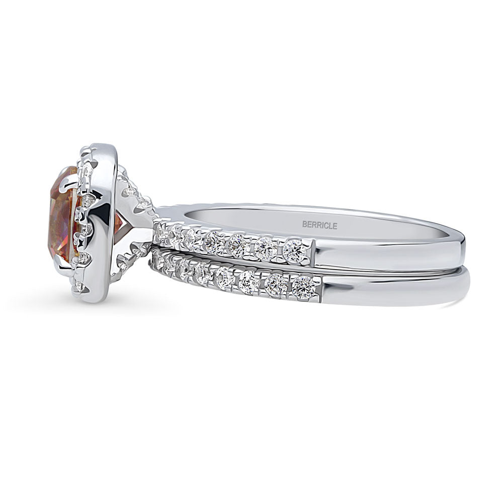 Angle view of Halo Kaleidoscope Red Orange Cushion CZ Ring Set in Sterling Silver, 4 of 10