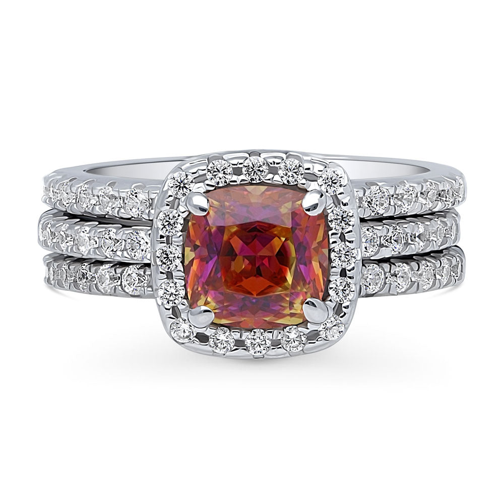 Halo Kaleidoscope Red Orange CZ Ring Set in Sterling Silver