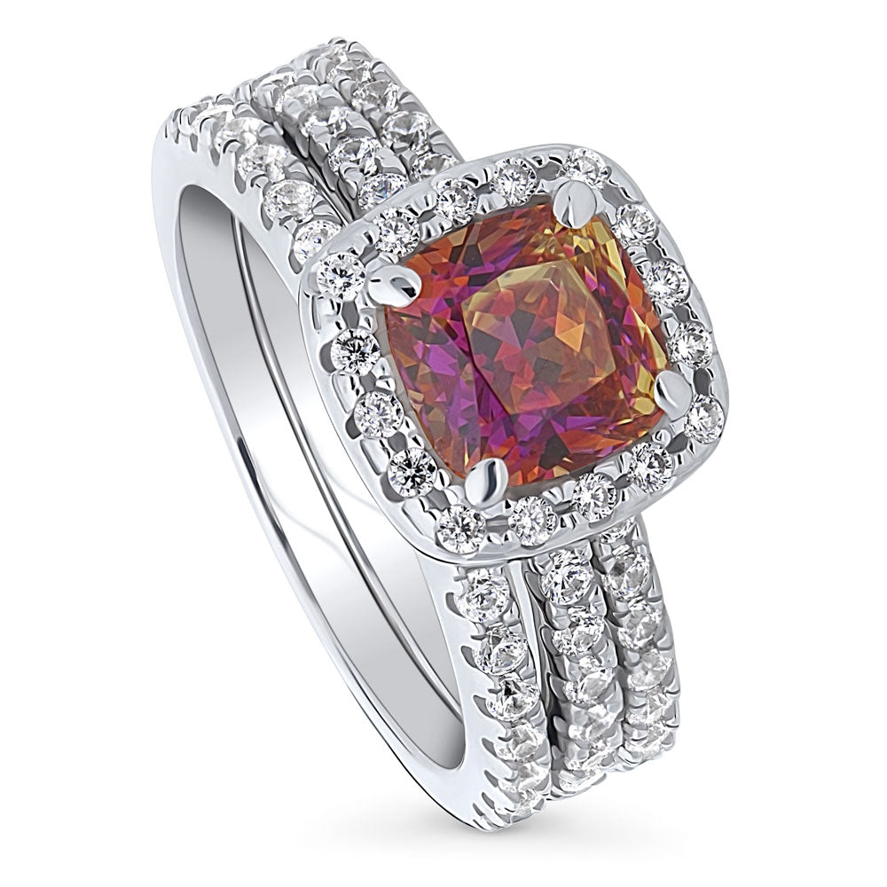 Halo Kaleidoscope Red Orange Cushion CZ Ring Set in Sterling Silver, front view