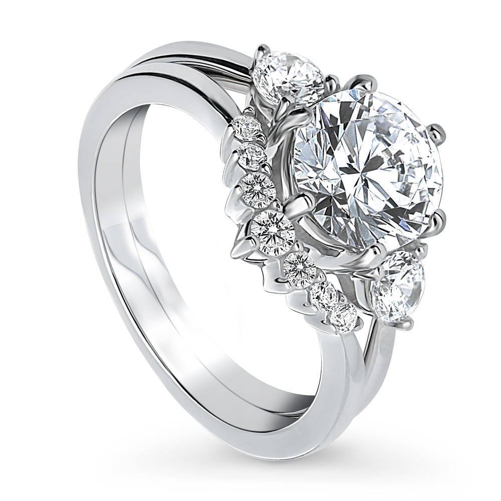 Front view of 3-Stone 7-Stone Round CZ Ring Set in Sterling Silver, 3 of 18
