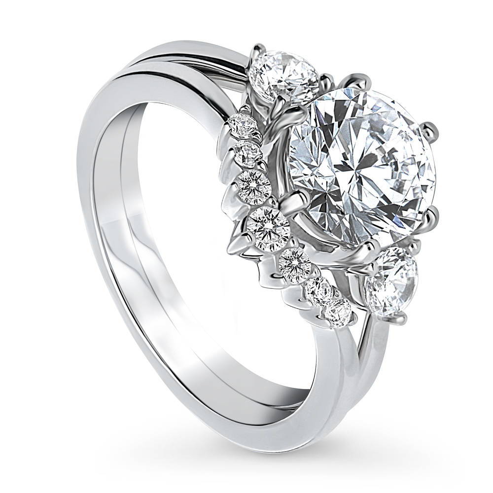 Front view of 3-Stone Wishbone 7-Stone 2ct CZ Ring Set in Sterling Silver, 4 of 19
