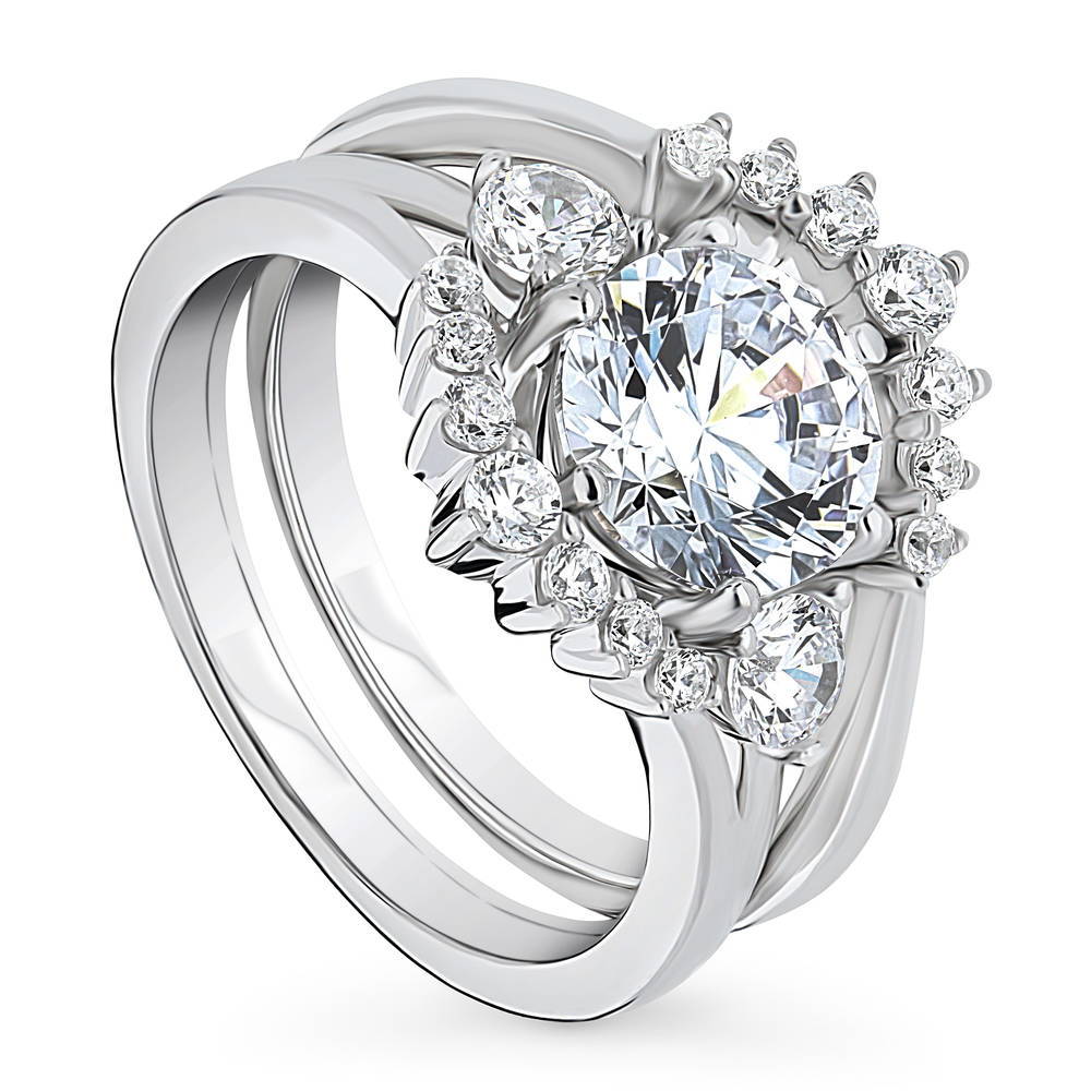 Front view of 3-Stone Wishbone 7-Stone 2ct CZ Ring Set in Sterling Silver, 3 of 19