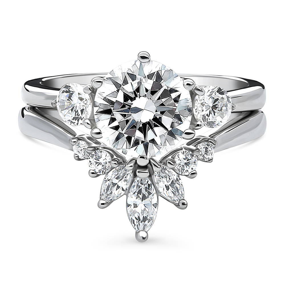3-Stone Flower 7-Stone Wishbone CZ Ring Set in Sterling Silver