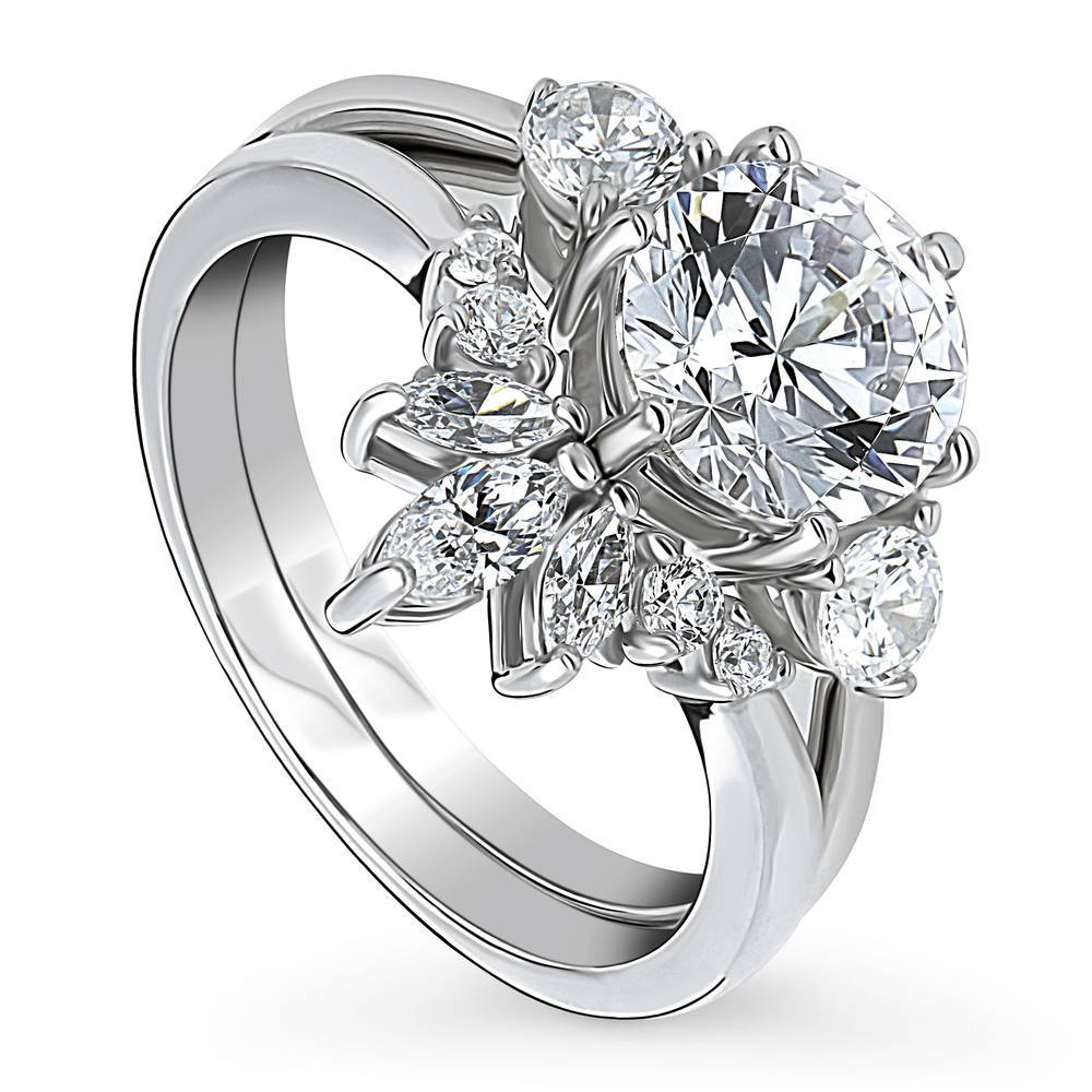 Front view of 3-Stone Flower 7-Stone Wishbone CZ Ring Set in Sterling Silver, 3 of 20