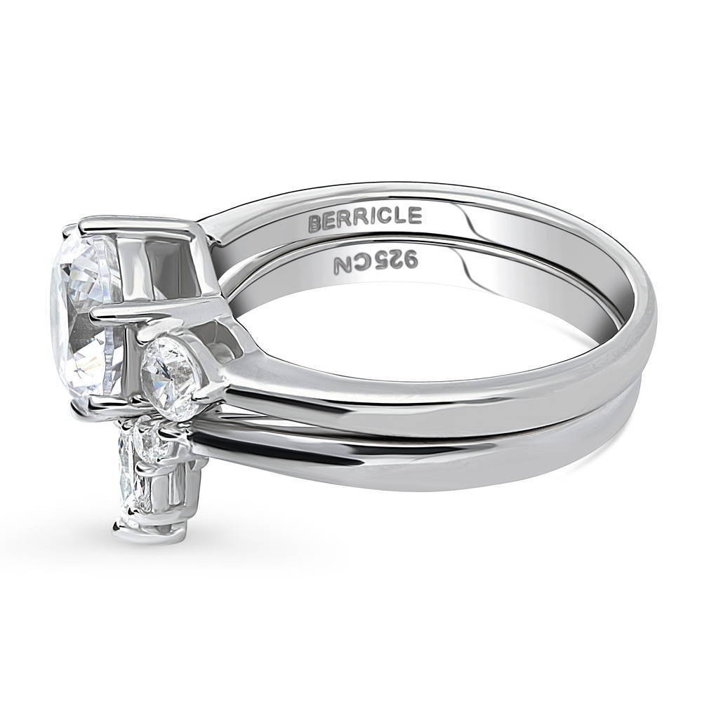 Angle view of 3-Stone Flower 7-Stone Wishbone CZ Ring Set in Sterling Silver, 5 of 20