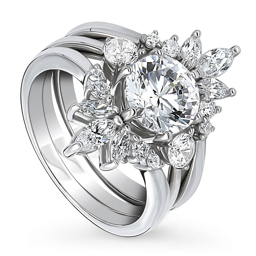 Front view of 3-Stone Flower 7-Stone Wishbone CZ Ring Set in Sterling Silver, 3 of 20