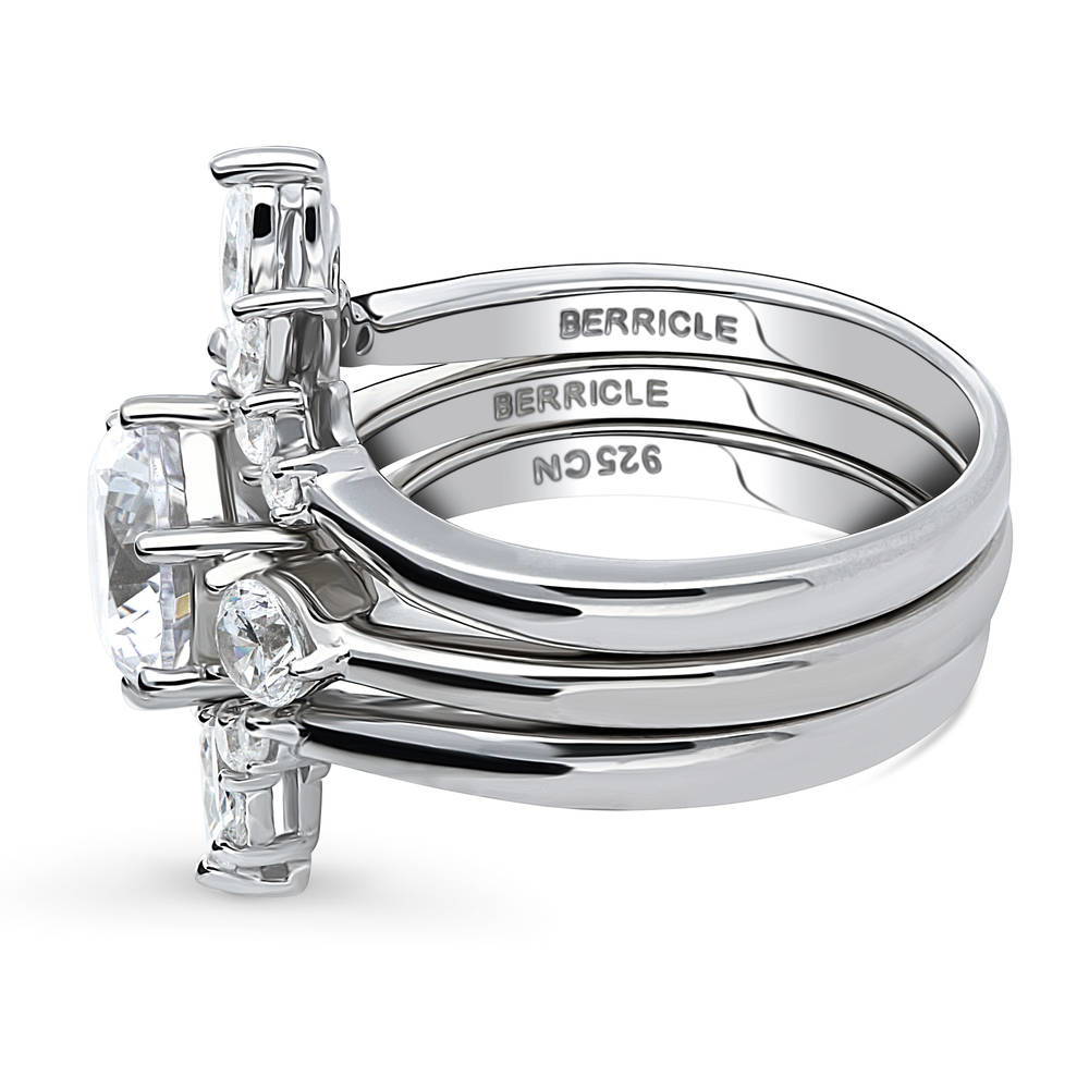 Angle view of 3-Stone Flower 7-Stone Wishbone CZ Ring Set in Sterling Silver, 5 of 20