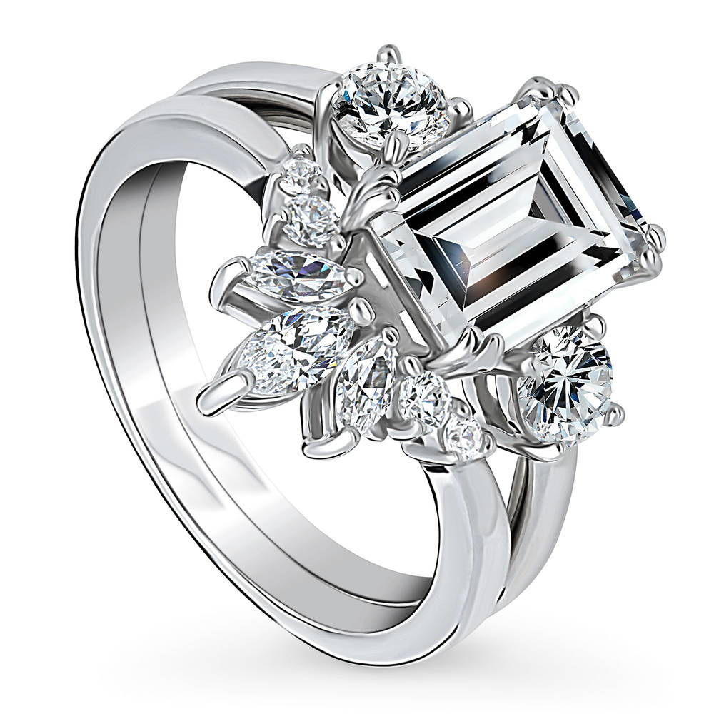 Front view of 3-Stone 7-Stone Emerald Cut CZ Ring Set in Sterling Silver, 3 of 18