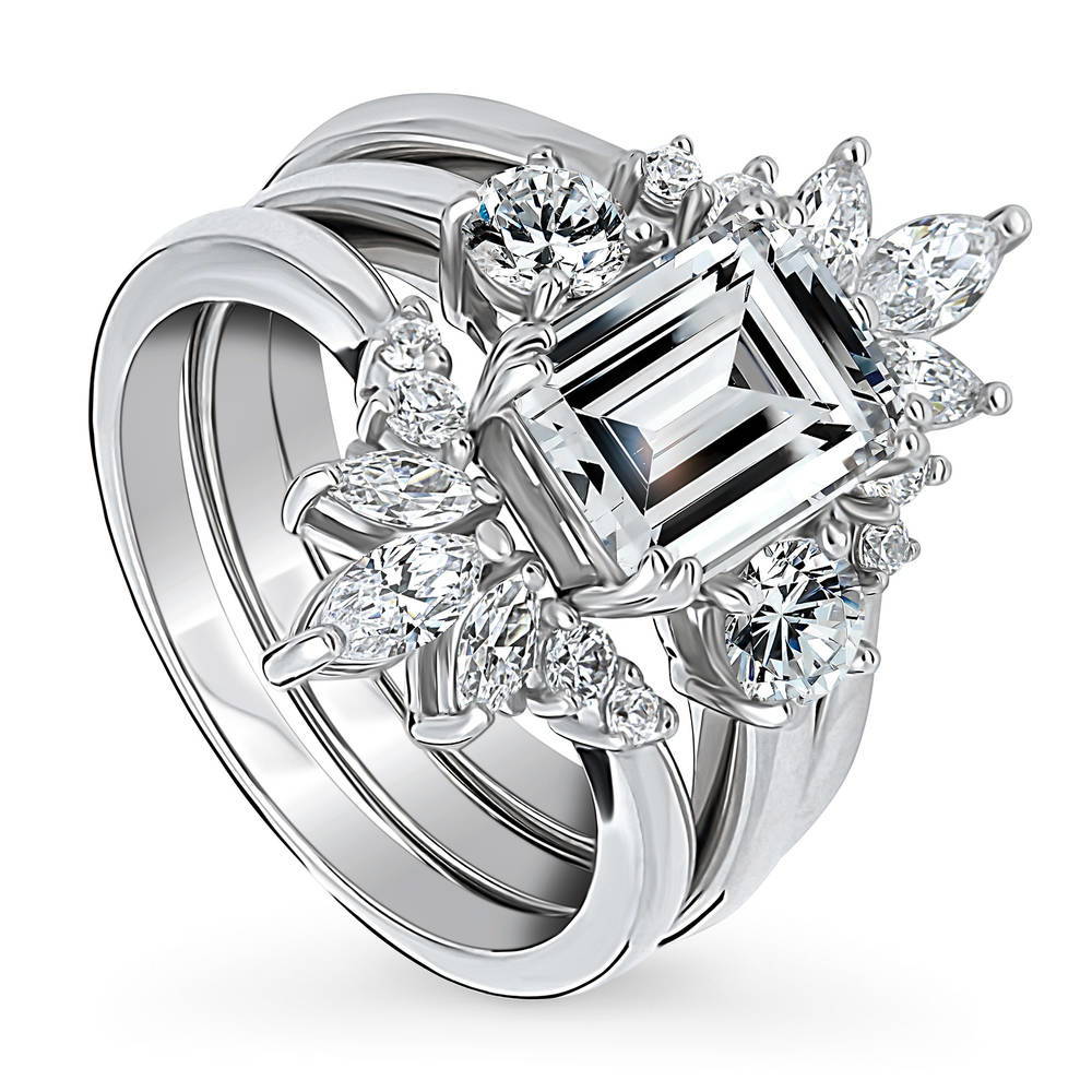 Front view of 3-Stone Flower 7-Stone Wishbone CZ Ring Set in Sterling Silver, 3 of 19