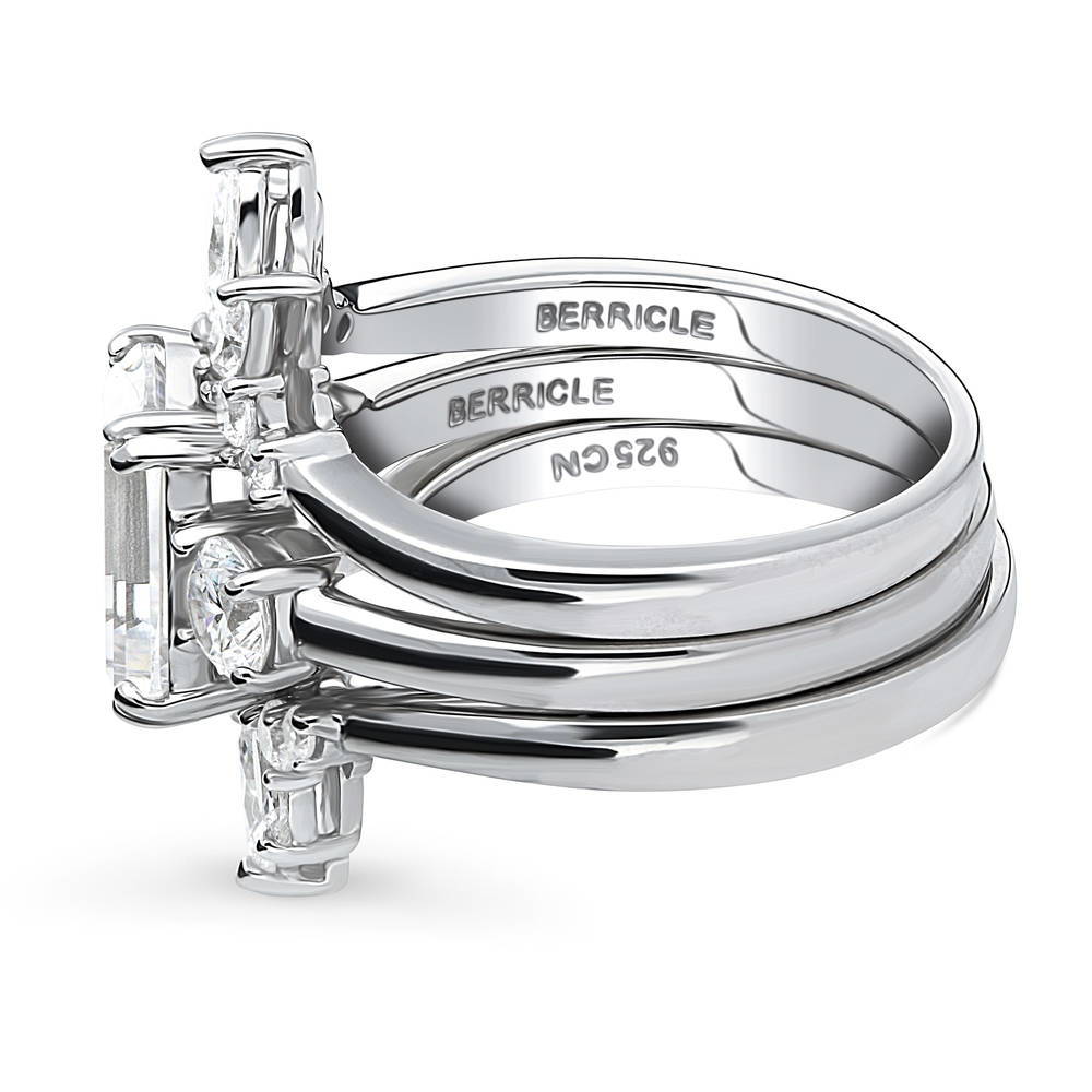 Angle view of 3-Stone Flower 7-Stone Wishbone CZ Ring Set in Sterling Silver, 5 of 19