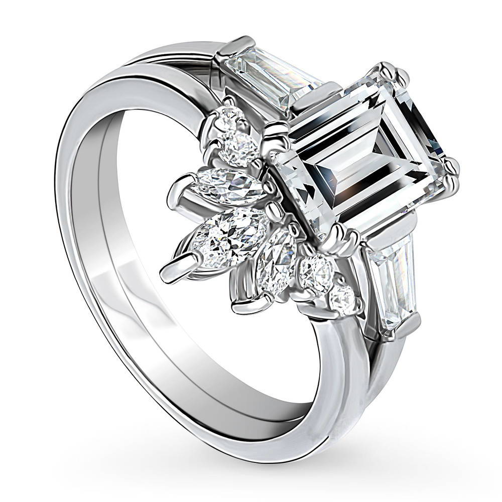 Front view of 3-Stone 7-Stone Emerald Cut CZ Ring Set in Sterling Silver, 3 of 18